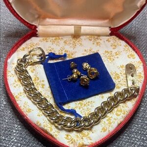 Gold Tone Buckle Bracelet with 3 sets of Gold Tone Earrings